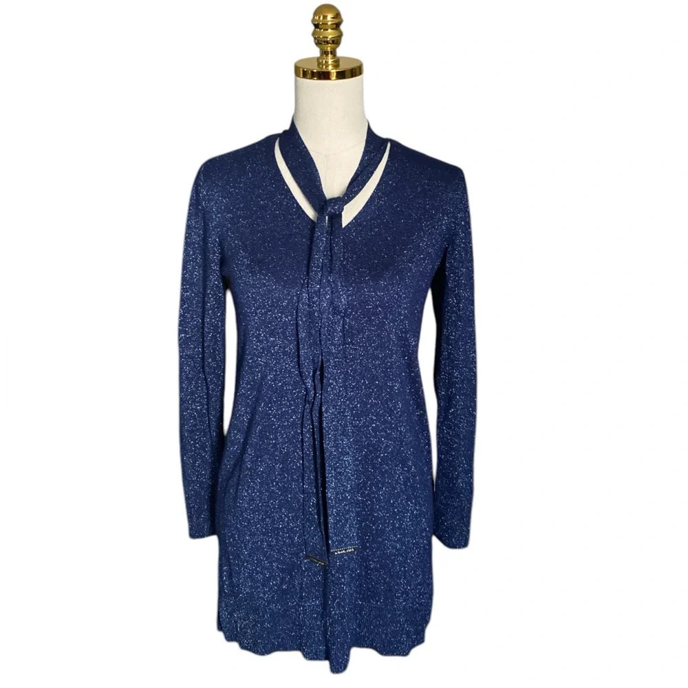 MICHAEL KORS | Women's Navy Sequined V-Neck Long Sleeve Longline Knit Top Size S